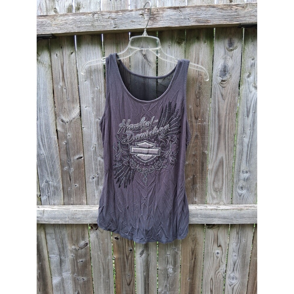 104 Harley Davidson Gray Tank Top Small Women's Rhinestones Bar & Shield 2021